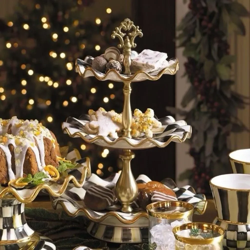 MacKenzie-Childs Courtly Check 3 Tier Sweet Stand Ceramic Gold 17”